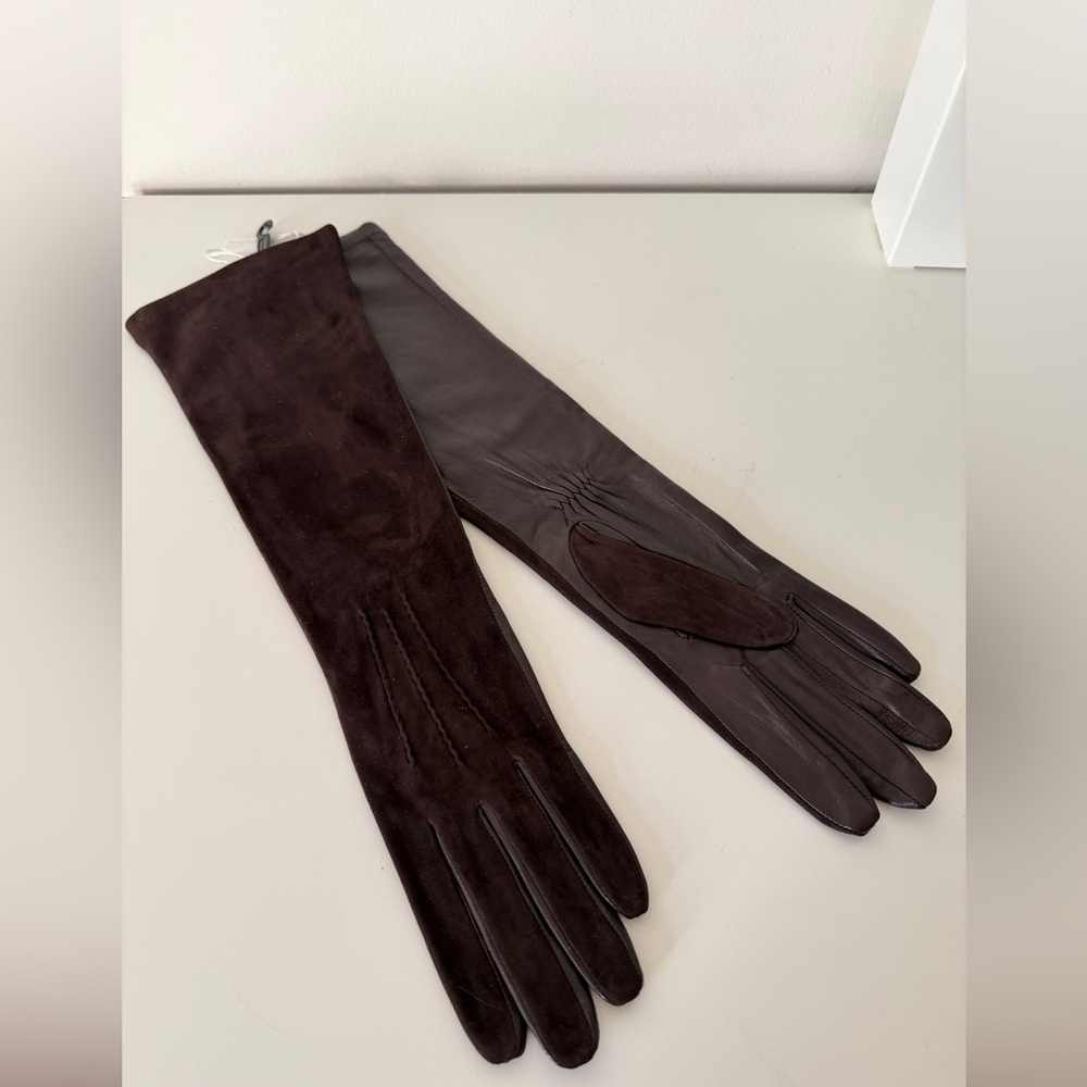 NWT Long Leather & Suede Opera Gloves Brown Premium 6.5 - Picture 3 of 10